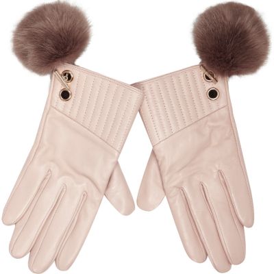 Light pink leather pom pom gloves